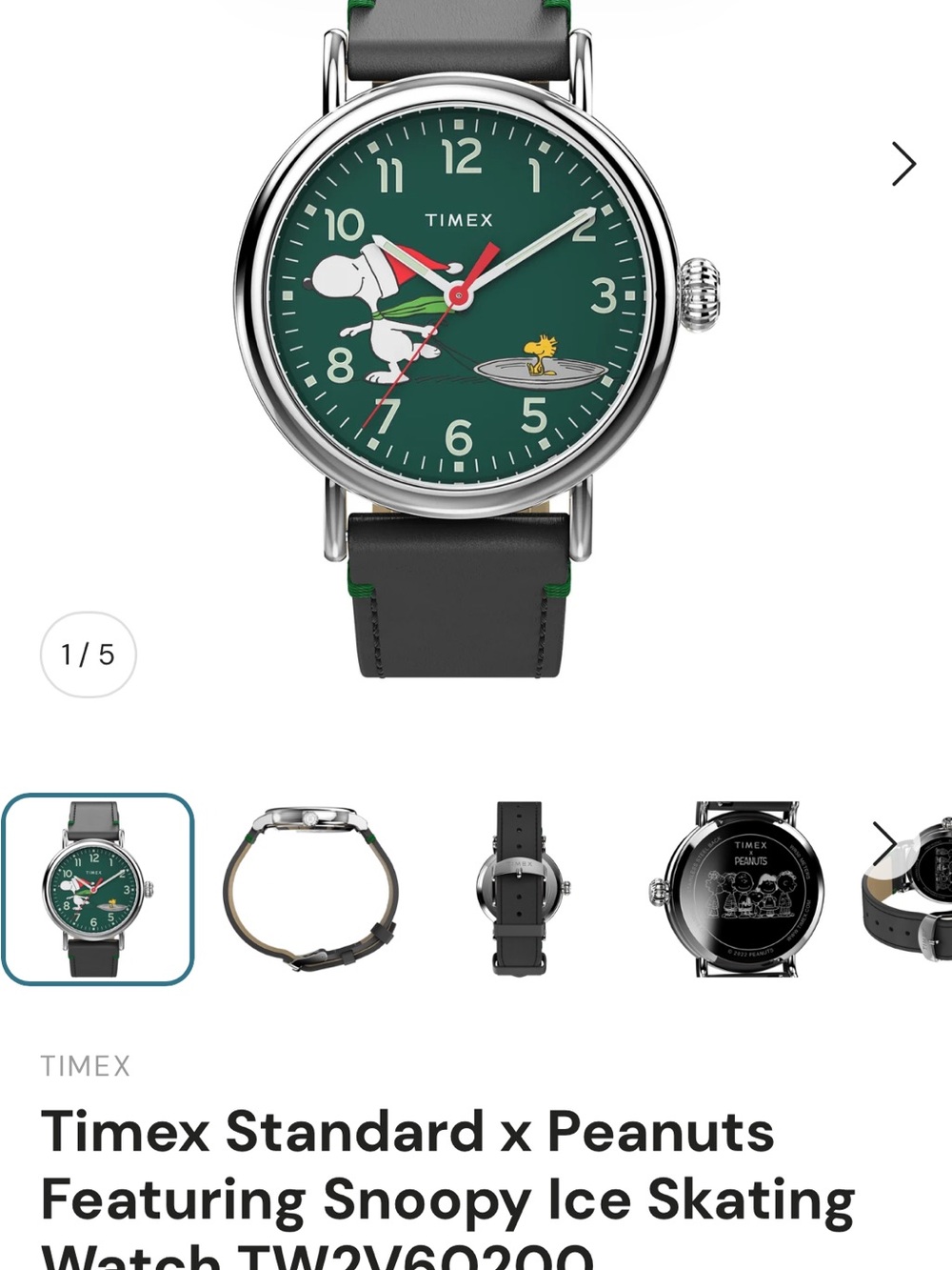 Timex Snoopy Watch with Green Dial and Black Leather Strap